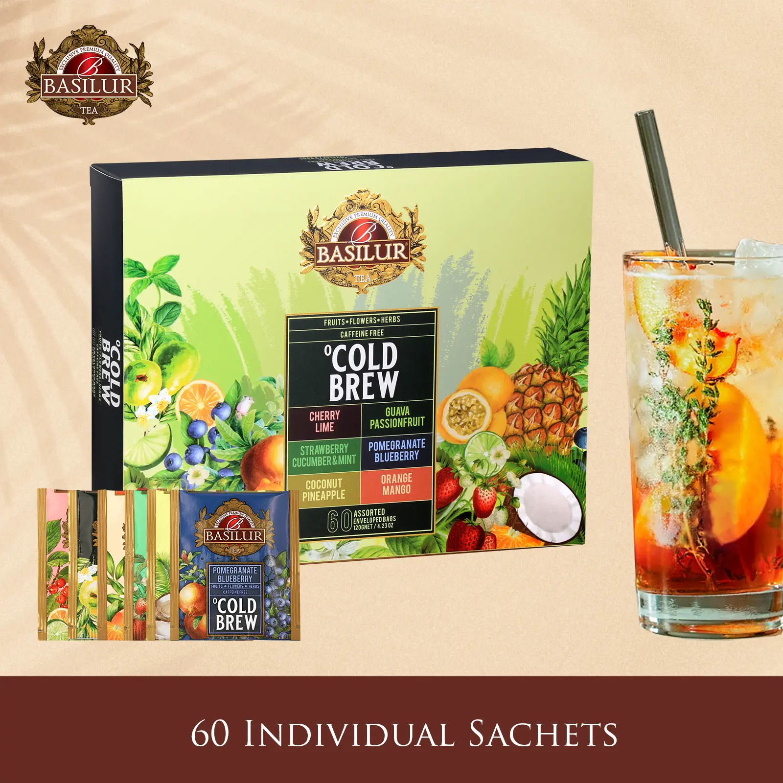 Basilur Caffeine-free Cold Brew Assorted Gift Collection - 60 Enveloped Sachets (Sugar Free)  caffeine free