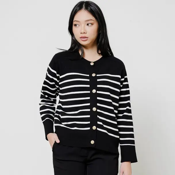 This Is April Outer Wanita Knit Lengan Panjang Striped Aurelie Cardigan Ivory dan Black 5