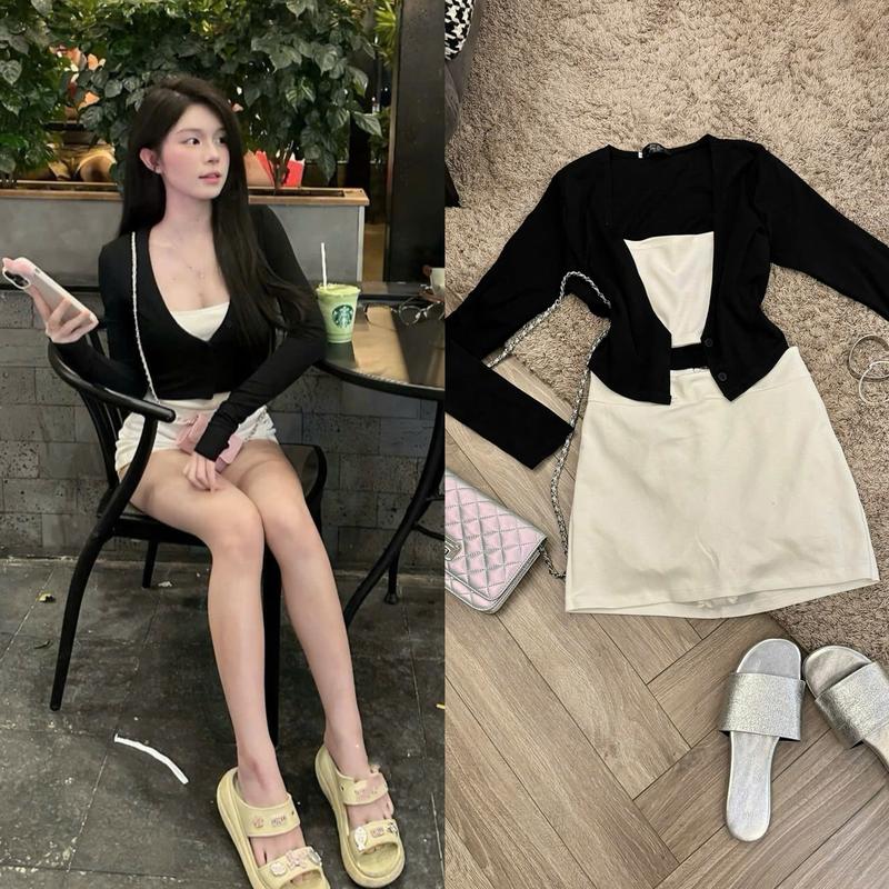  Set nữ gồm 3 món áo chữ V dài tay kèm áo ống croptop mix chân váy ngắn tôn dáng sang chảnh Women Top 