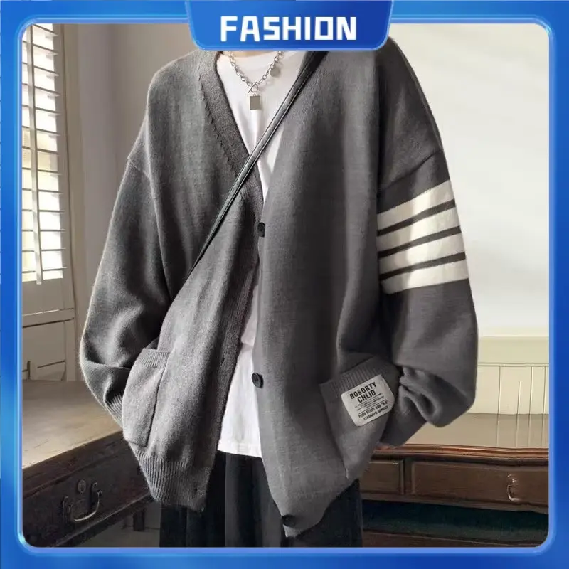 Áo Khoác Len Cardigan, Phong Cách Hồng Kông, Dành Cho Nam Và Nữ, Dáng Rộng Vừa Vặn, Thiết Kế Đẹp Trai Cổ Chữ V, Phong Cách Thường Ngày 2024