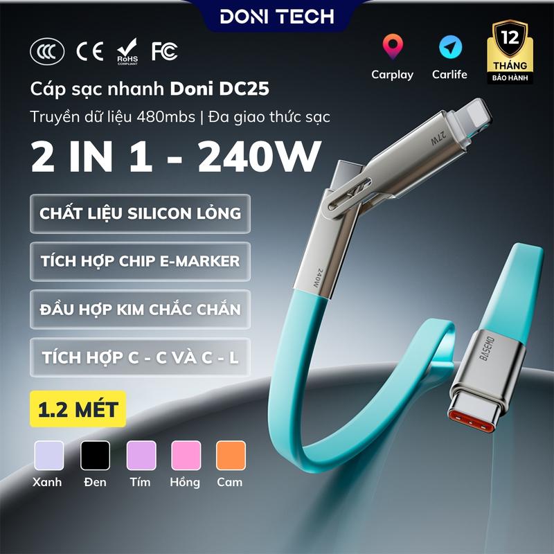Dây Cáp Sạc Nhanh 240W Doni DC25 2 in 1 C to C và C to L Siêu Bền Tích Hợp Chip E Marker An Toàn Cho IPH 8-17 Android Samsung Xiaomi Oppo... Bảo Hành 12 Tháng