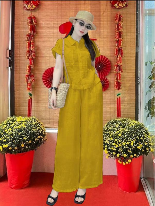 sét đồ nữ sơ mi 11 màu - Tay Hến Quần ống suông lưng thun phía sau chất liệu Đũi tơ xước đã qua xử lý không co rút