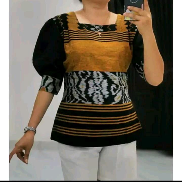 Blus Wanita Kombinasi Lengan Toyobo - Baju Moderen Kalea - Panjang, Tenun 4