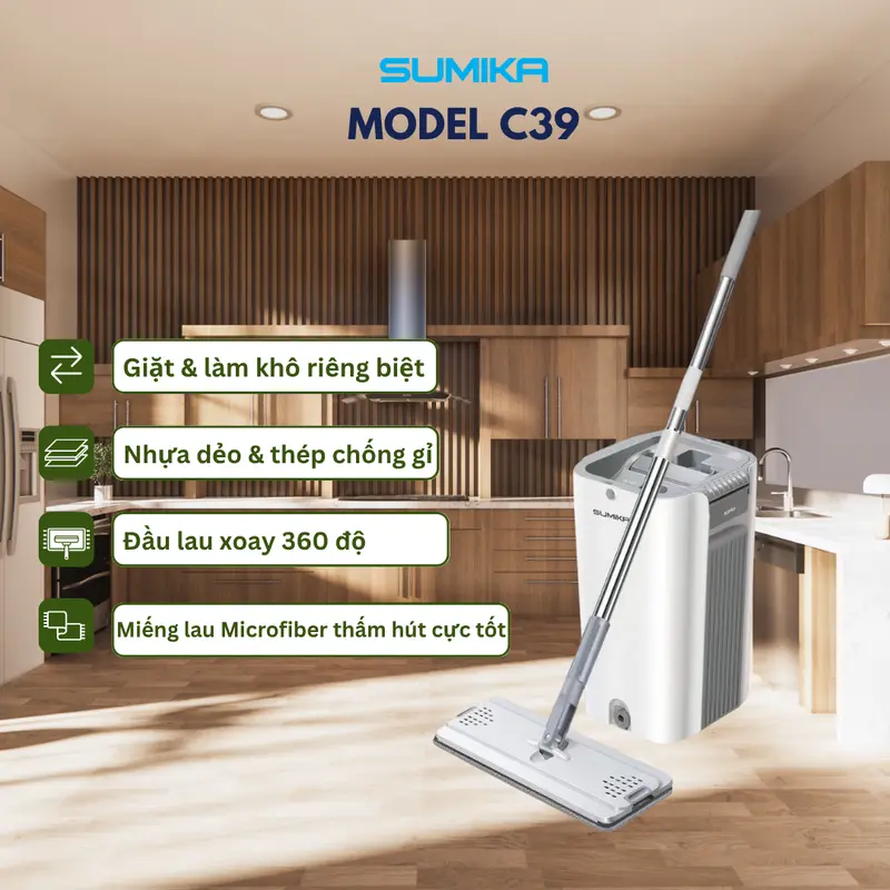 Bộ cây lau nhà SUMIKA C39, thùng lau nhà 2 ngăn tự vắt thông minh, chổi lau sàn nhà 360 độ, 2 bông lau, 1 móc treo cây lau sàn 1