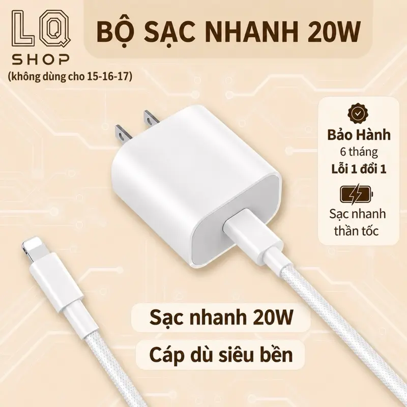 (CỦ+ CÁP DÙ) (Chỉ Đùng cho phone 7-14 )Sạc Nhanh 20wtương thích Dùng  Sạc Tốc Độ Nhanh Độ Bền Cao An Toàn Ôn Định Cho Điện Thoại. ( không dùng cho 15-16-17) bảo hành 6 tháng
