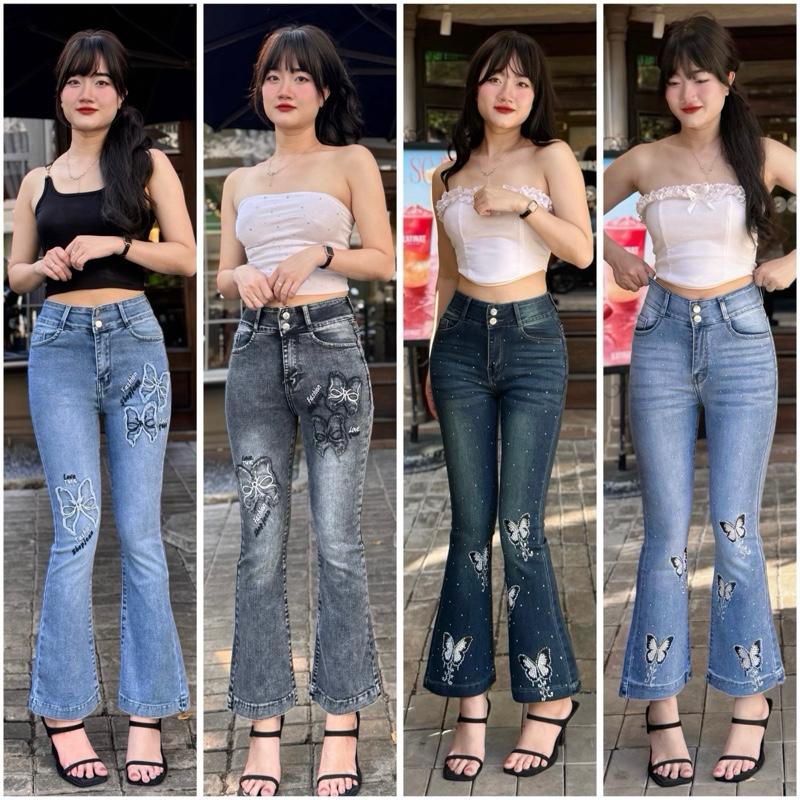 Quần Bò Jean Ống Loe ULEE 9 Tấc Thêu Nơ 3D - Đính Đá Vải Jean Co Giãn 40-70kg - Denim Nữ - Women Pants