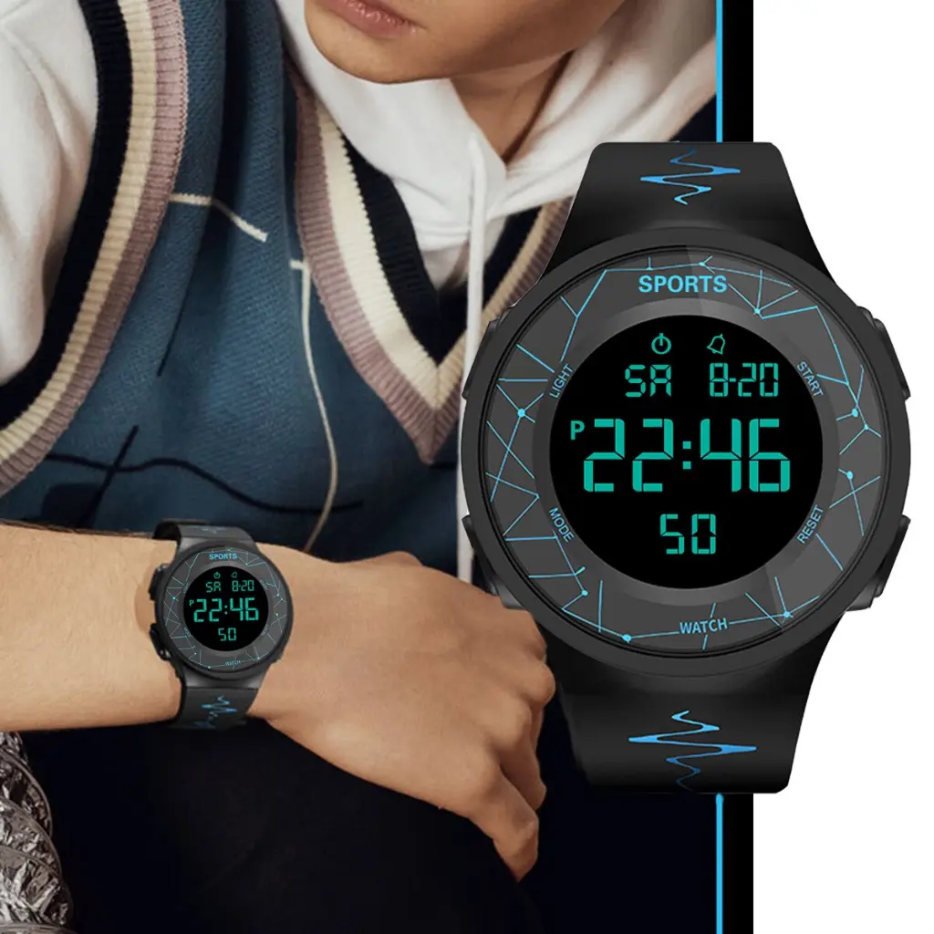 Jam Tangan Elektronik Berkilau LED, Kalis Air, Untuk Kanak-kanak dan Lelaki, Jam Tangan Sukan Pelbagai Fungsi, Kalis Air