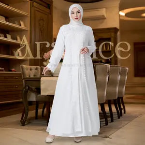 ARALLUCE 012 Gamis Abaya Putih Wanita Elegan dan Mewah Baju Muslim Umroh Lebaran Lamaran Renda Putih