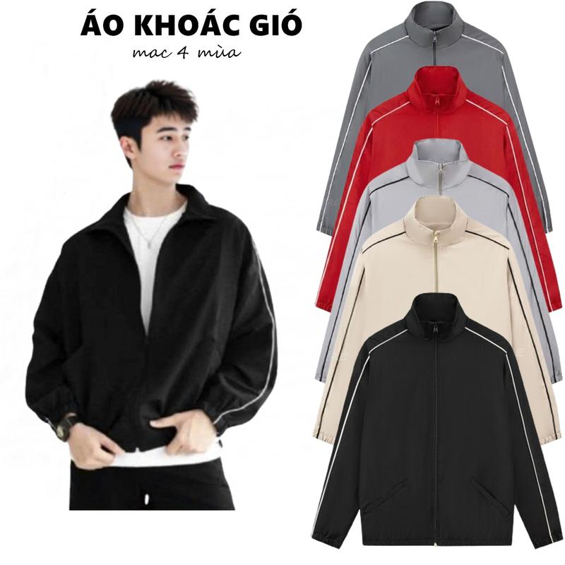 Áo khoác gió dù hai lớp cổ trụ thể thao nam,Sọc kẻ tay thời trang,vải gió tráng…