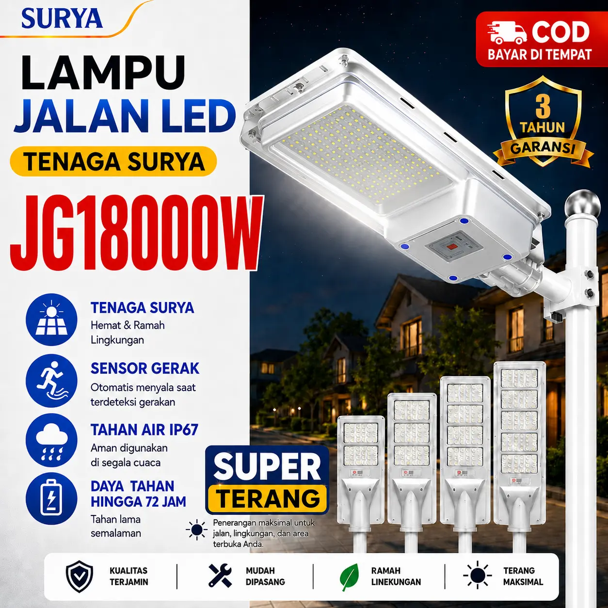【Garansi 3 tahun】lampu panel surya 18000W tahan 24 jam lampu jalan lampujalan tenaga matahari lampu jalan tenaga surya jakarta