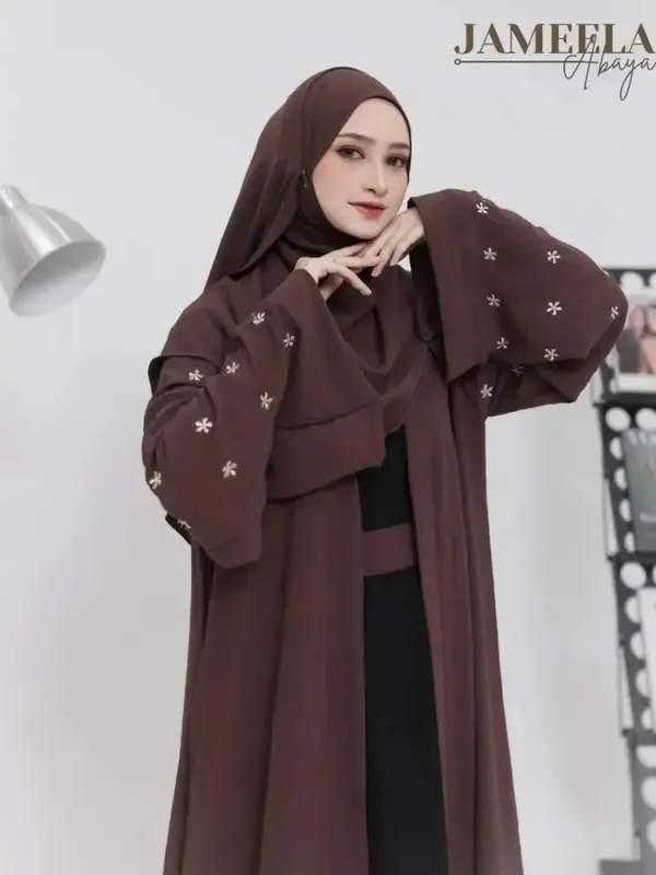 Abaya Luna - Busana Muslimah Terbaru 2025 Bahan Crinkle Mix Bordir Kekinian Baju Gamis Lebaran Two Tone Outer Terpisah Luxury Abaya Black Viral Bisa Cod 2