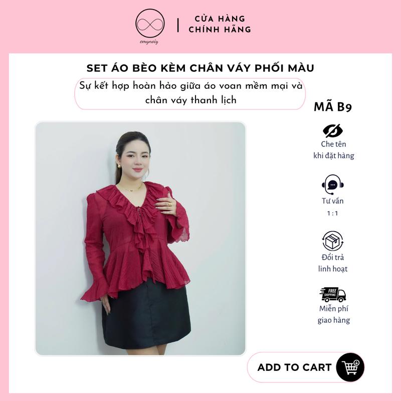 Mã B9 – Set áo voan cổ V viền bèo thắt nơ kèm chân váy bigsize nữ dịu dàng 50–100kg