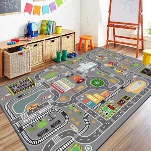 Tapete para Jugar de Dibujos Animados Lindos para Niños con Diseños de Pista de Carreras, Ciudad, Carretera y Elementos de Parque de Diversiones, Alfombra Decorativa Suave y Educativa de Alta Calidad #LOS MAS VENDIDOS