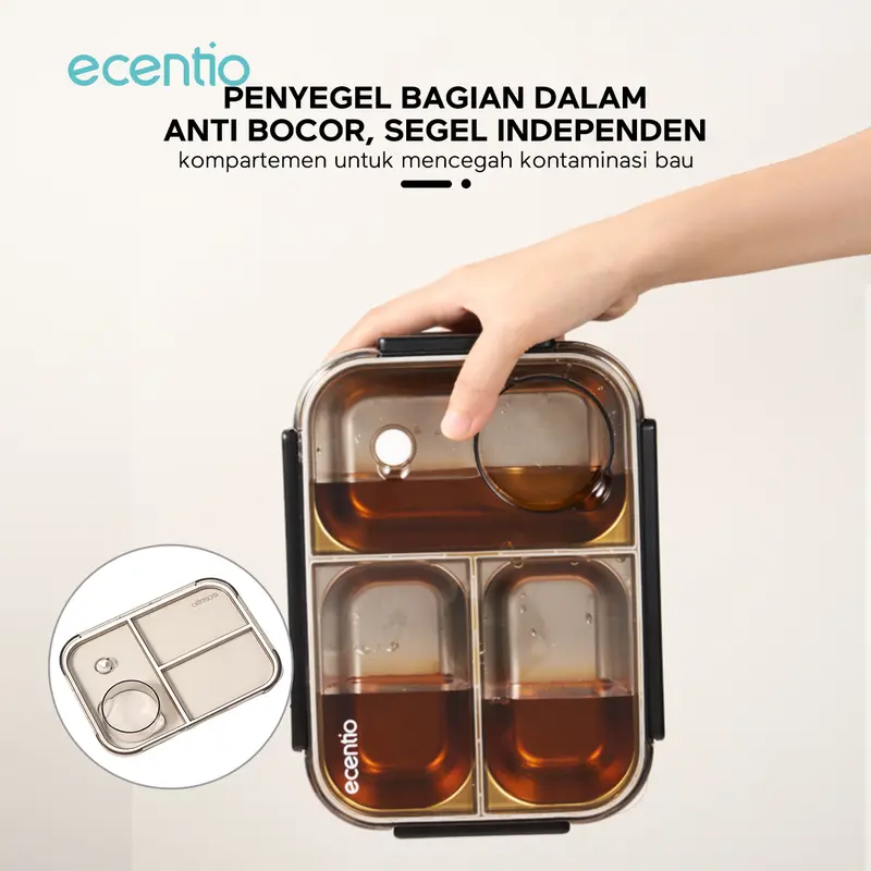 【kotak bekal stainless set】【2.0 anti tumpah】ecentio lunch box stainless 800ml sekat 3 dengan sendok sumpit free kotak sauce kecil Baja Garpu 3