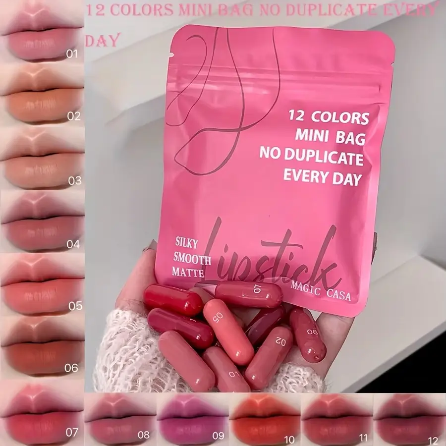 10/12 Warna Mini Lipstik Set, Lipstik Tahan Lama dengan Tekstur Velvety Matte, Lipstik Padat, Kosmetik Bibir, Mudah Dibawa, Set Lipstik Mini Cokelat,Set Lipstik,lipstik isi 10/12pcs