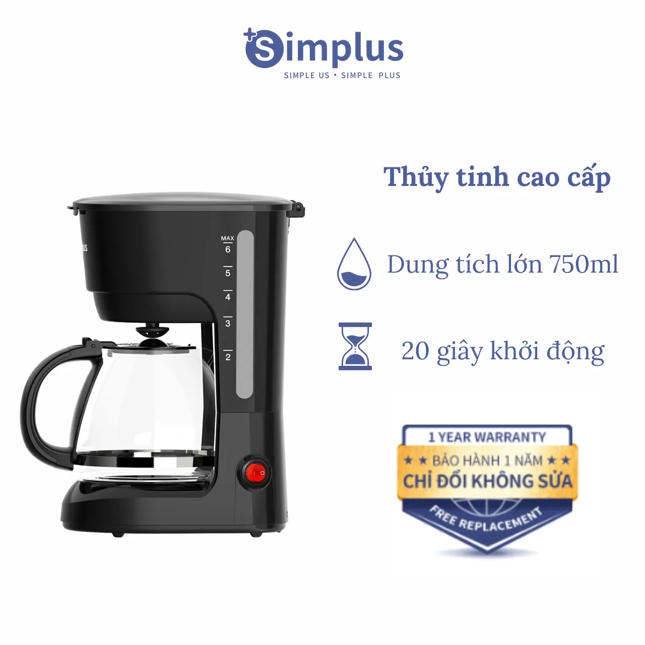 SimplusVN Máy pha cà phê Simplus KFJH011, dung tích lớn 750ml chống nhỏ giọt Bảo hành 1 năm chỉ đổi không sửa