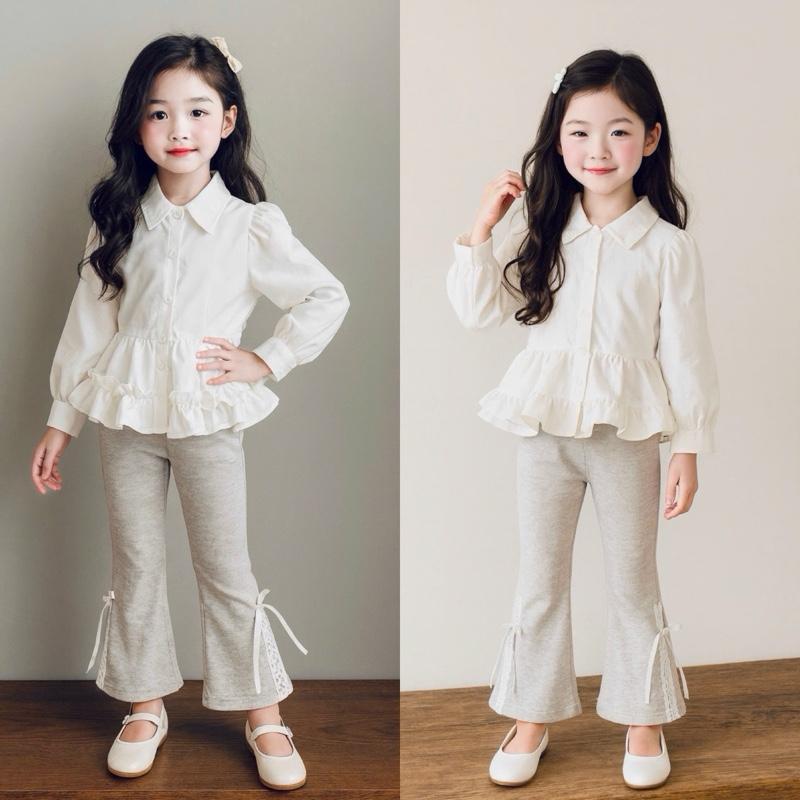 T49- Set áo sơ mi babydol trắng xinh kèm quần len nâu gắn nơ xinh đẹp dành cho bé gái 9-32kg