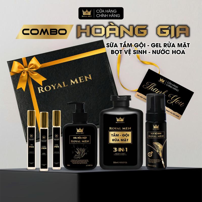 COMBO HOÀNG GIA [KÈM HỘP QUÀ] 6 Sản Phẩm Dành Cho Nam Giới ROYALMEN - Sữa Tắm gội Nam 3in1 350ml & Gel rửa Mặt nam 150ml & Bọt Vệ sinh Nam 150ml & 3 chai Nước hoa Nam 10ml Hương Hoa Cỏ hương Biển Hương Gỗ Dung Dịch vệ  sinh  nam Sữa tắm bot Dầu salicylic