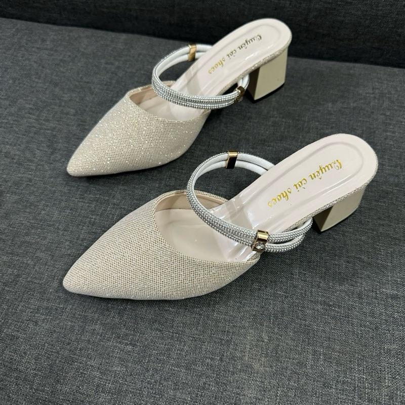 [ 5cm PHOM NHỎ TĂNG LÊN 1 SIZE ] Giày kim tuyến hở gót quai đá mũi nhọn, giày gót trụ cao 5 cm
