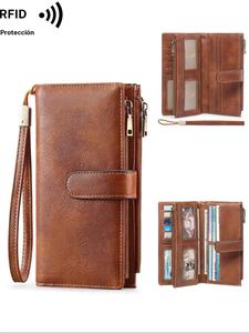 Cartera larga de color liso para mujer, Moderna cartera de cuero sintético con cremallera y correa de muñeca, Tarjetero multifuncional para uso diario
