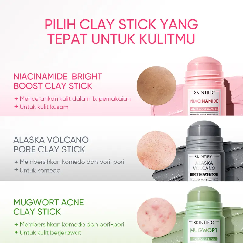 [Special 10.10 Tasya Farasya] SKINTIFIC 3pcs set Niacinamide Bright Boost Clay Stick Mugwort Acne Clay Stick 40G  Masker Wajah Masker Komedo Ampuh Penghilang Jerawat Acner Eksfoliasi Wajah Green Clay Masker Wajah Stick Glowing Kecantikan Skincare 7