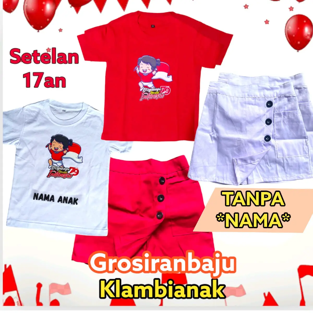 (Tanpa nama)Special 17an Setelan Rok celana 1-13tahun merah