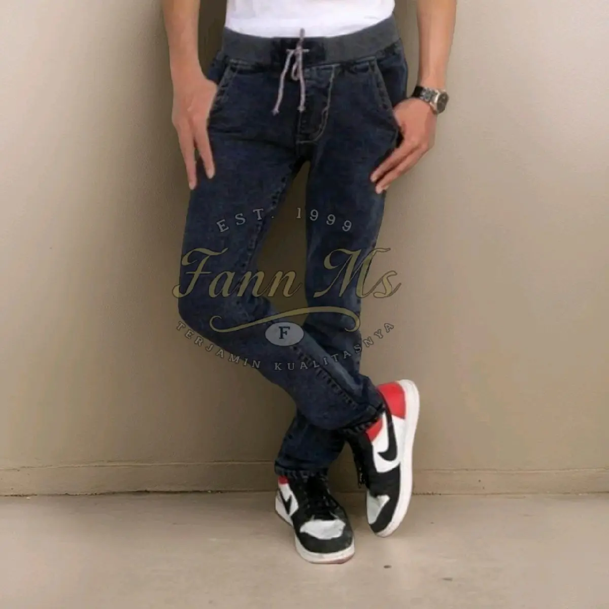 Celana Jeans Pria Pinggang Karet Panjang – Lentur, Adem & Gak Ribet  Tebal Slim Fit