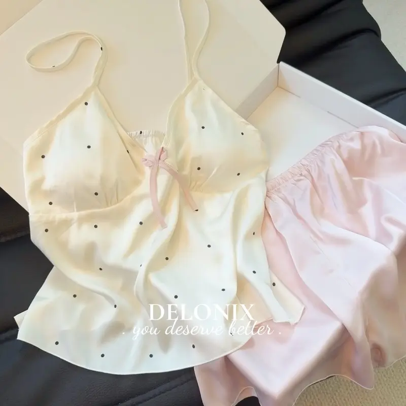 B23 Đồ bộ ngủ lụa chấm bi cách điệu 2 dây có mút tôn dáng dễ thương chuẩn hàng Quảng Châu cao cấp nữ DELONIX đồ bộ đồ ngủ 7