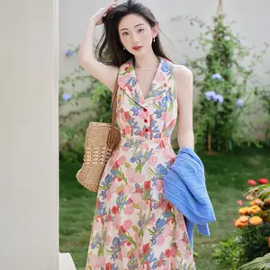 Gaun Panjang Tanpa Lengan Motif Bunga dengan Kerah Kemeja Gaya Prancis, Pinggang Ketat & Tampil Elegan (Ukuran S Sampai XL)