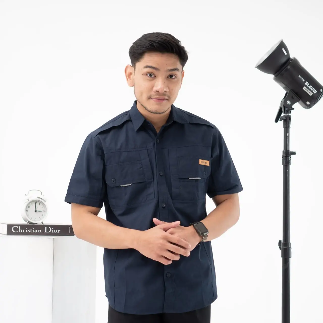 Shaqueena - Kemeja stripe kemeja kerja lapangan pria lengan pendek bahan canvas ukuran normal dan jumbo untuk formal dan casual Nyaman