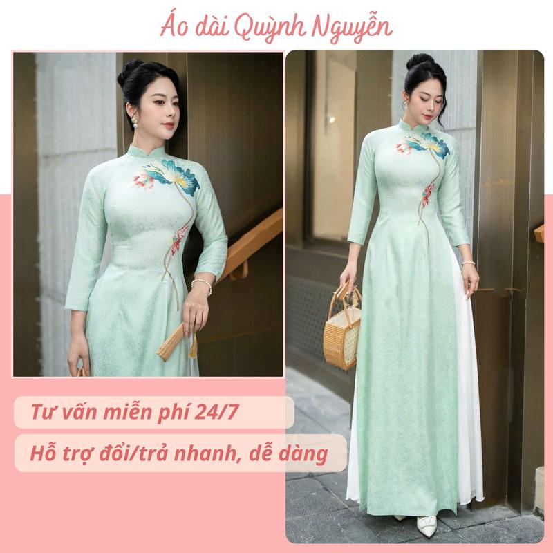  Áo dài gấm tơ tằm thêu màu xanh ngọc cổ cao 2 phân tà A phù hợp mặc sự kiện hội nghị đi dạy đám cưới đám hỏi -  MÃ TK195 