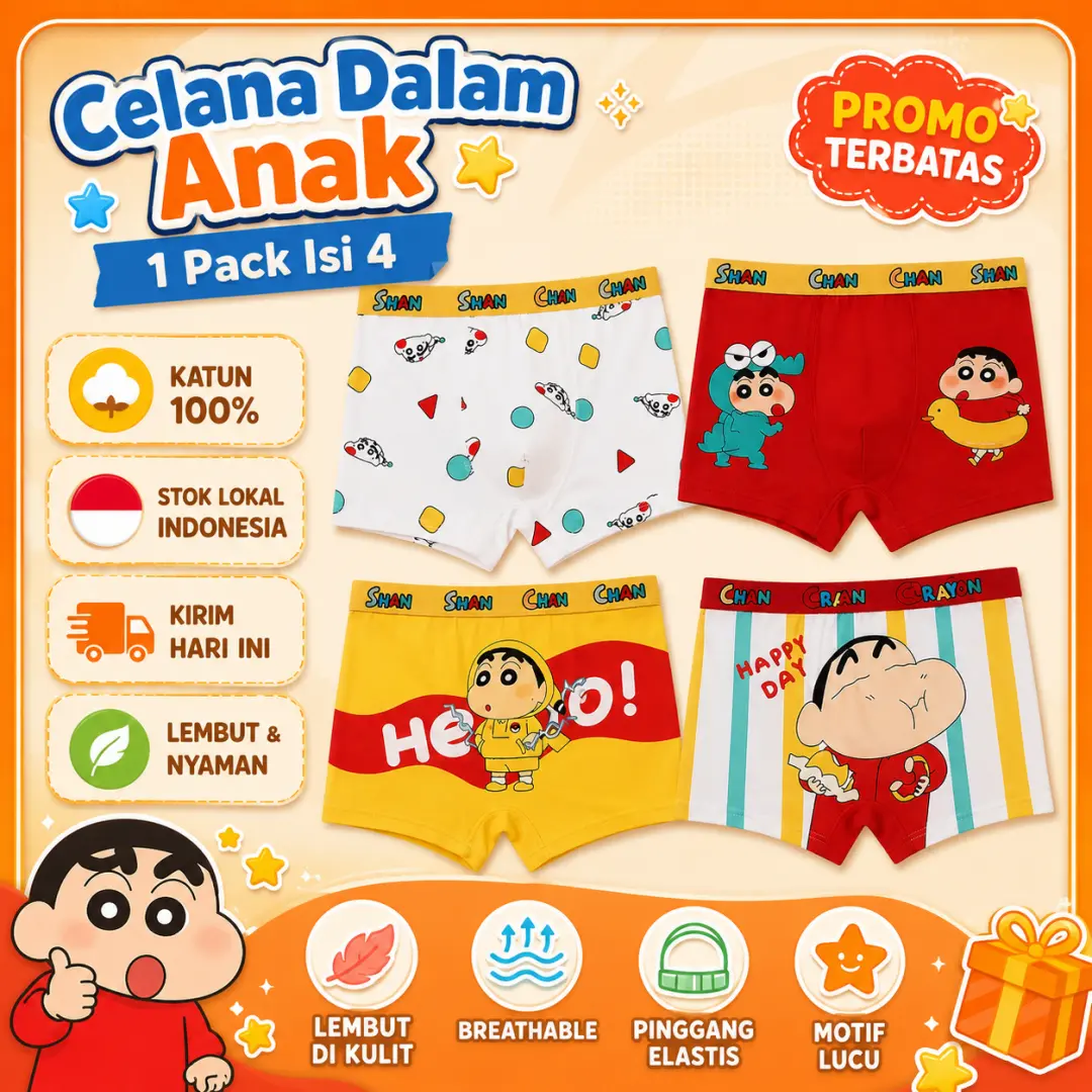 【Beli 1 Dapat 4】Celana Dalam Anak Cowok Kartun 3–14 Tahun | Boxer Anak | 4 Pcs | Bahan Adem & Nyaman cangcut laki pakaian dalam bisa dicuci dengan mesin Pendek Celana Fashion
