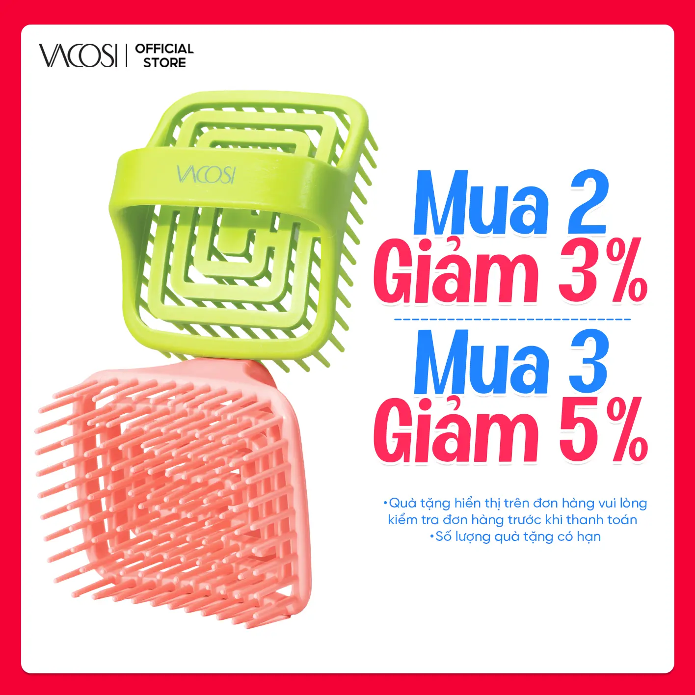 Lược Gội Đầu VACOSI C22 – Màu Hồng/Xanh Dương, TPR Dẻo Mềm An Toàn Cho Tóc Yếu, Massage, C22