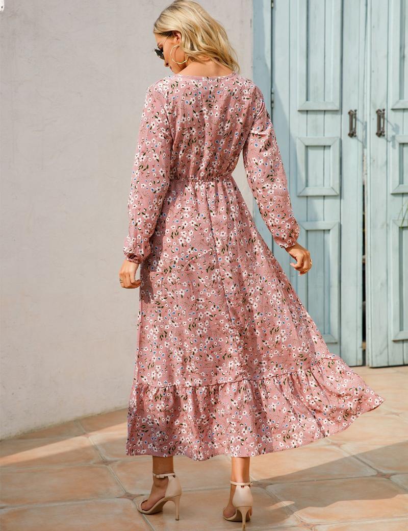 Product Introduction of Cross-Border Foreign Trade Spring and Autumn Floral Chiffon Dress Waist-Controlled Slimming Long Sleeve round-Neck Long Printed Dress Women's 4