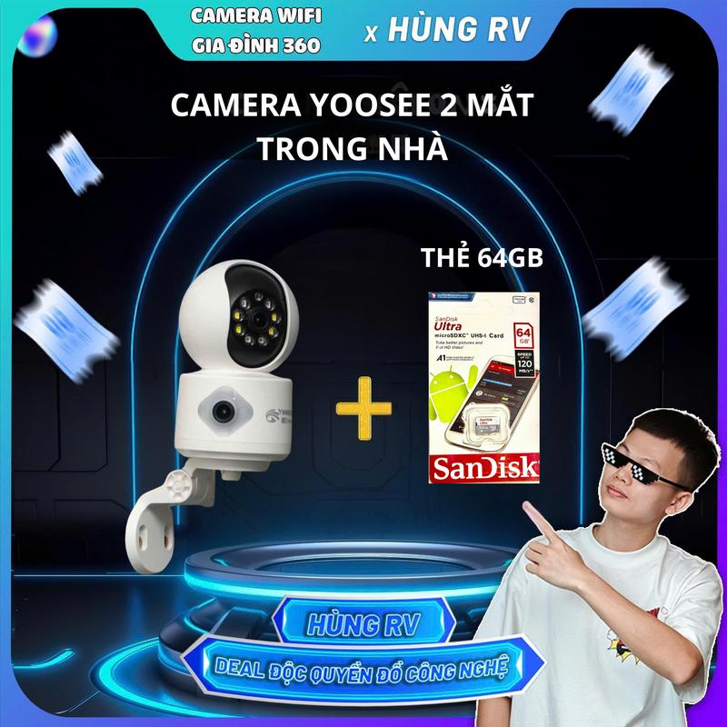 [Độc Quyền Hùng RV] Camera Yoosee wifi 2 mắt 2 khung hình trong nhà + thẻ nhớ 64gb