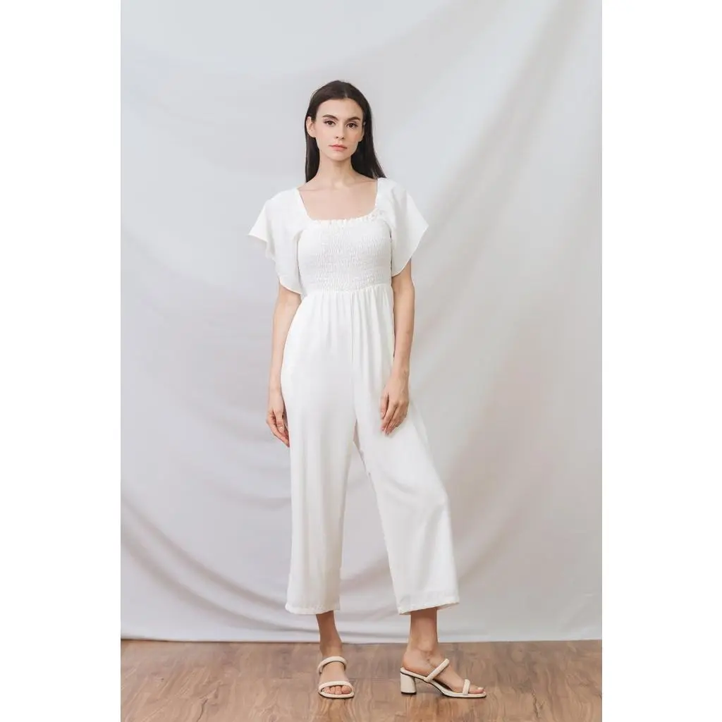 TSW Lula Smocked Sleeve Jumpsuit in White