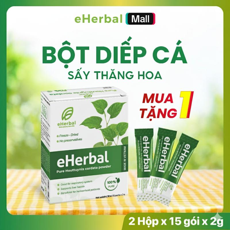 [Combo 1 tặng 1] Bột Diếp Cá Nguyên Chất eHerbal Pure  (2 hộp x 15 gói) Công Nghệ Sấy Thăng Hoa Không Chất Bảo Quản Làm Đẹp Da & Thanh Lọc Cơ Thể