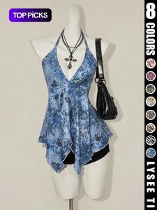 26 de febrero, Día de San Valentín Y2K, Top de tirantes con cuello colgante sexy con estampado de mariposas para mujer de verano