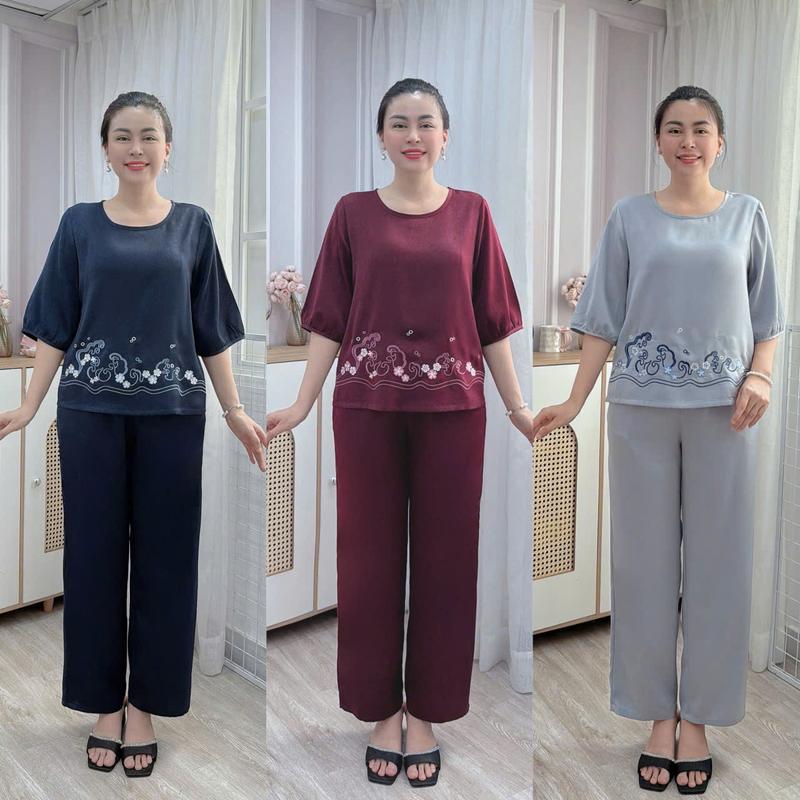 Set Bộ Trung Niên Lụa Ruby Thêu Sóng Biển Mềm Mại, Chắc Vải, Tay Lửng Quần Dài, Có Size, bigsize, nữ, thun, áo, Loungewear, đồ bộ trung niên cho mẹ u40 sang chảnh, đồ bộ người già, đồ bộ nữ cho mẹ, do trung niên cho mẹ, set đồ trung niên