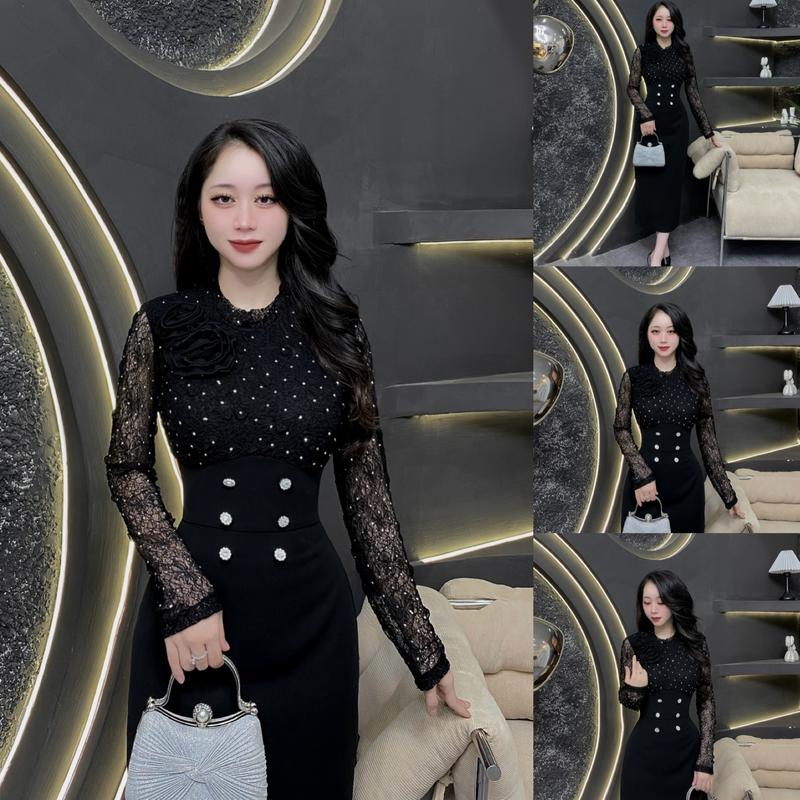 G122 - Váy Thiết Kế Evii dành cho nữ Đầm thiết kế cổ tròn phối ren lưới mềm kết hợp đá ép nhiệt tặng kèm 2 hoa cài dáng bút chì xuông phù hợp đi làm đi chơi và đi dự tiệc. Có Bigsize Women Dress