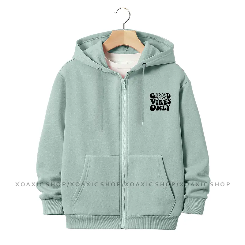 Jaket Hoodie Zipper Anak Laki-laki/Perempuan Usia 3-13 Tahun Motif Sablon GOOD VIBES ONLY Bahan Fleece Tebal Premium Fashion Bulu 1