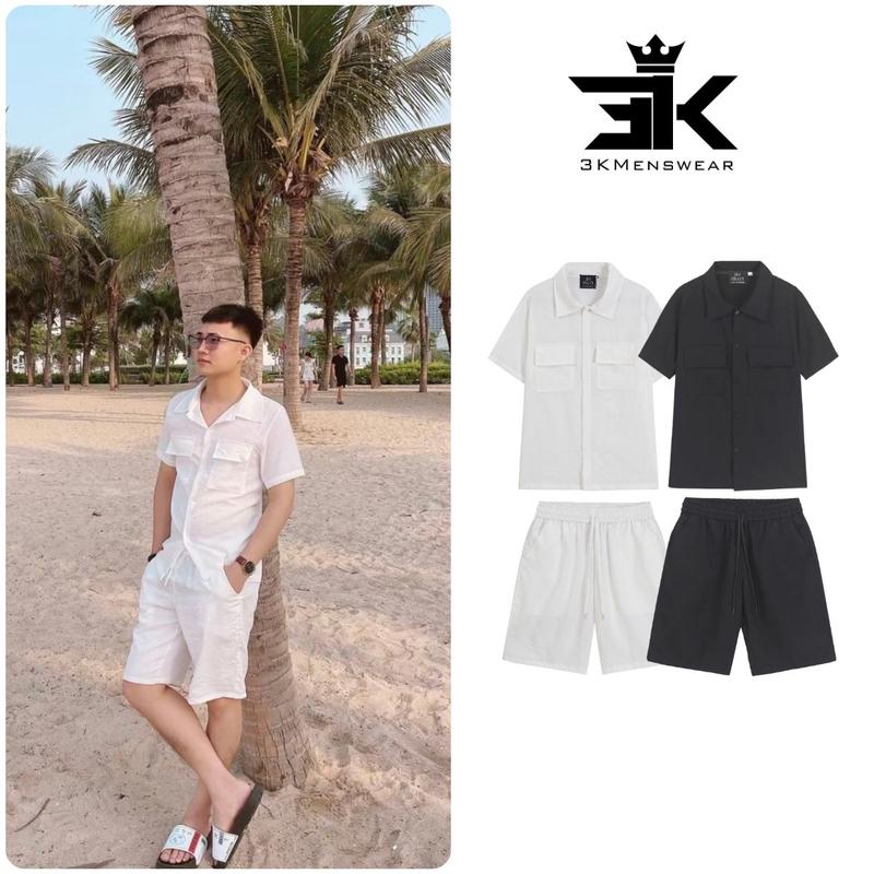 Bộ đũi nam ,quần đùi áo cộc tay thời trang đi biển Menswear Top Màu Trắng Sơ Mi Có Túi Màu Đen Pants
