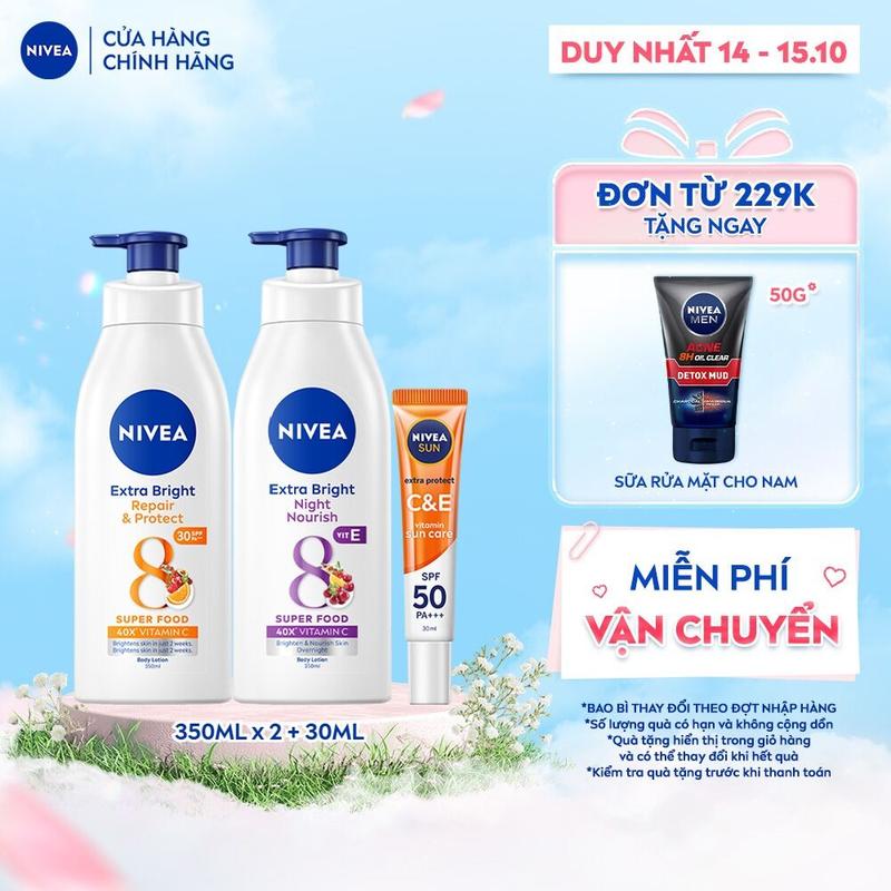 Bộ 3 Sản phẩm Gồm Sữa Dưỡng Thể NIVEA Sáng Da Ban Đêm (350ml) và NIVEA Phục Hồi, Chống Nắng Ban Ngày Từ 8 Super Foods (350 ml) - 98412+88311 + Serum Chống Nắng NIVEA SUN Vitamin C&E Dưỡng Da Sáng Khỏe (30 ml) - 98318 dưỡng body