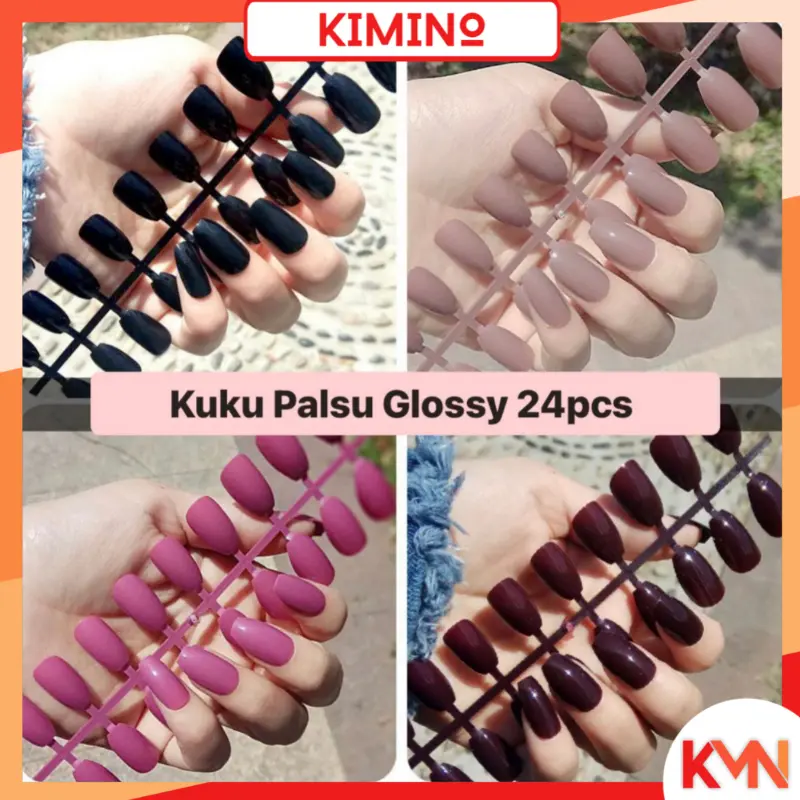 KMN 24pcs Kuku Palsu Glossy Free Lem Cair Kuku Palsu Polos Panjang Fake Nails Nail Art Manicure