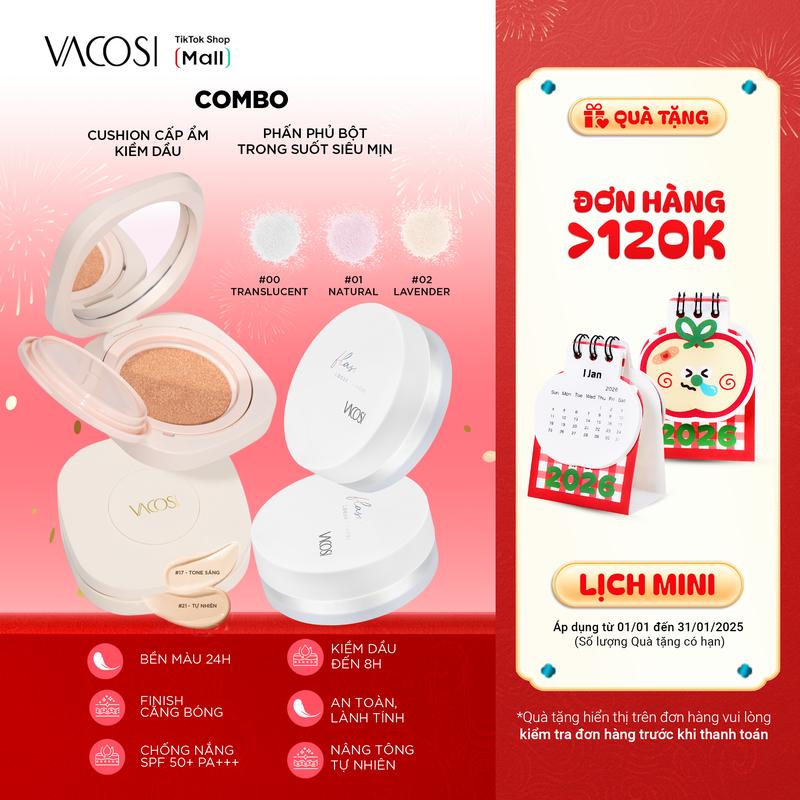   COMBO HOT  Combo Cushion cấp ẩm căng bóng 15g FLASO CUSHION + Phấn phủ bột kiềm dầu 6g FLASO LOOSE POWDER 