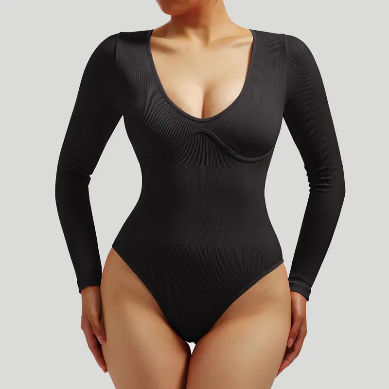 Mooslover Women Ribbed Sexy Long Sleeve Bodysuit 4