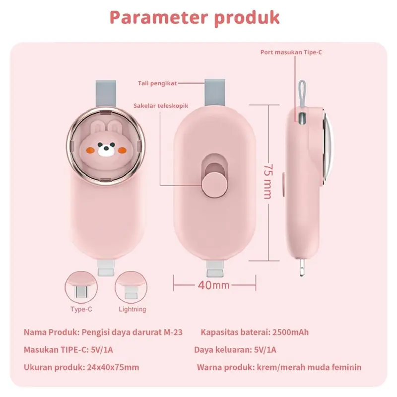 Powerbank Mini Type-C dan IPhone 2500mAh Darurat Saku Portabel 8