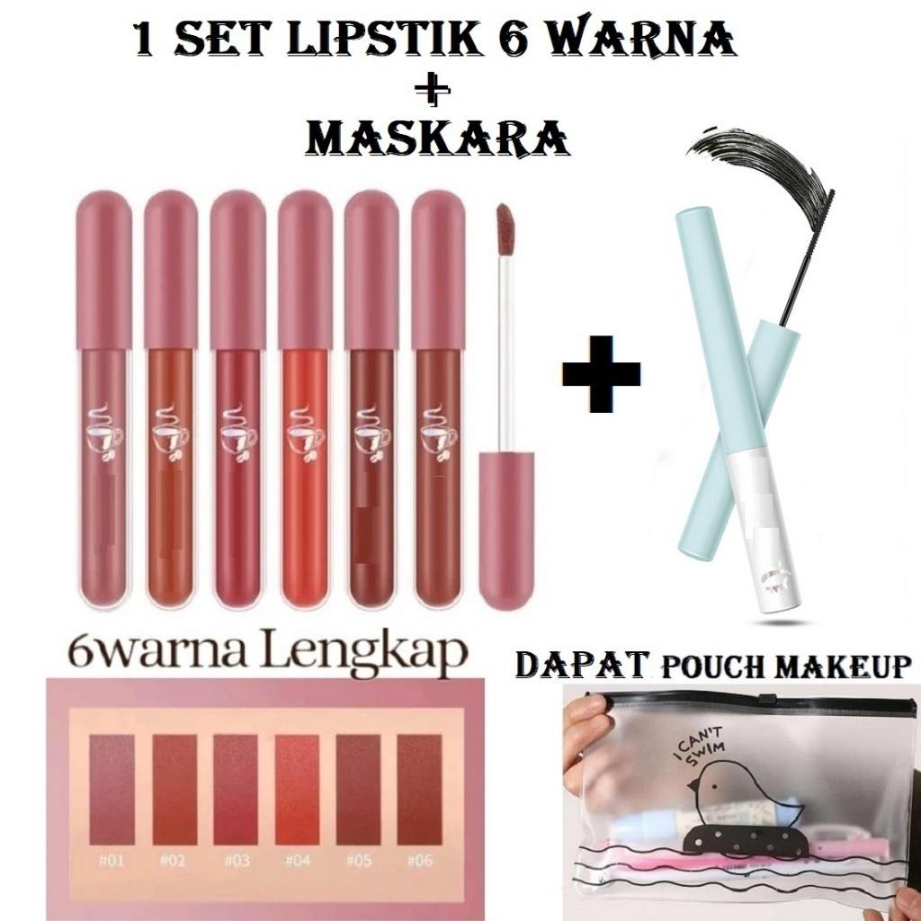 PAKET LIPSTIK CAIR 6 PCS OMBRE BONUS MASKARA DAN POUCH 1 SET 6 WARNA LENGKAP DAPAT POUCH MAKEUP