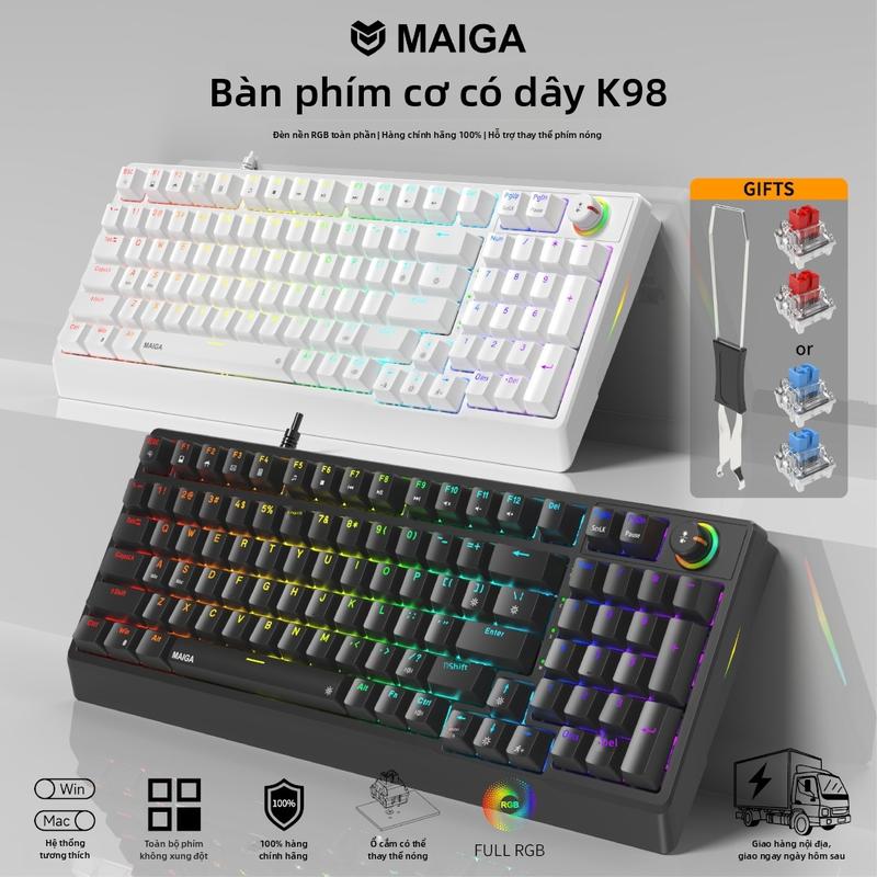 Bàn phím cơ có dây MAIGA K98bàn phím FULLRGN: Màu đèn nền có thể thay đổi riêng lẻ, 18 chế độ chiếu sáng, ổ cắm 3 chân có thể tháo lắp nóng, hỗ trợ nhận diện nhiều phím cùng lúc.speed keyboardbàn phím gamingbàn phím máy tính