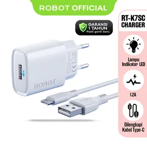 ROBOT Kepala Charger Kabel Type-C RT-K7SC 1.2A Lampu Indikator LED with Type-C Cable - Adaptor Charger Smartphone Original - Garansi Resmi 1 Tahun - Produk Original - Bisa COD
